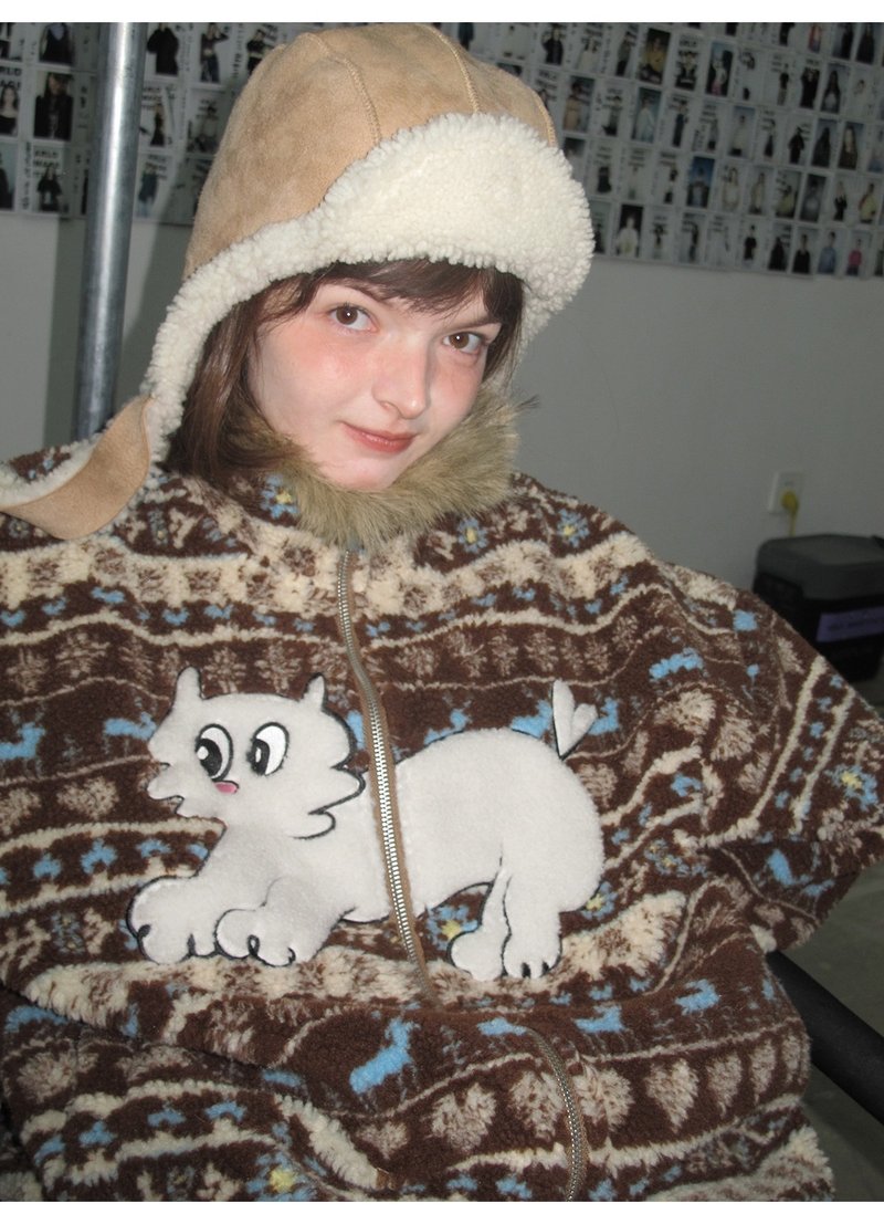 odd maker费尔岛羊羔毛小猫贴布绣外套女复古学院风毛茸茸上衣 - 女装上衣 - 其他人造纤维 