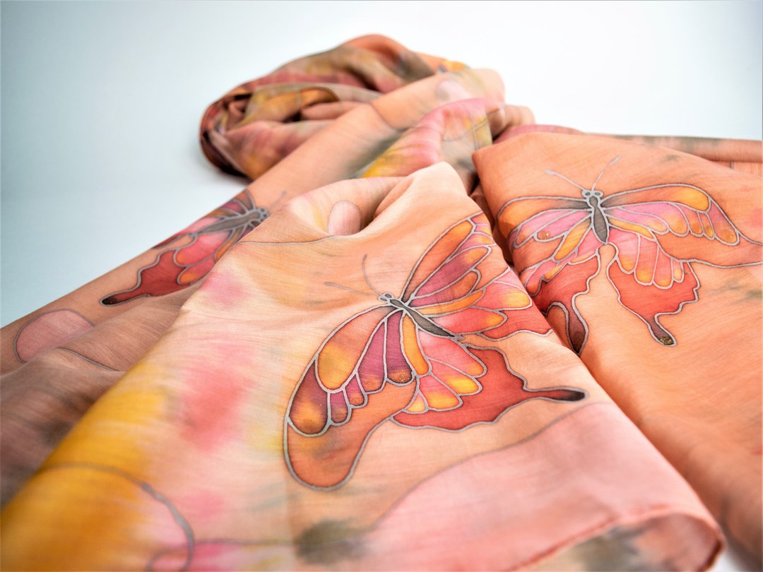 Hand dyed pink and orange head scarf Silk cotton scarf Butterfly fashion scarf - 丝巾 - 丝．绢 橘色