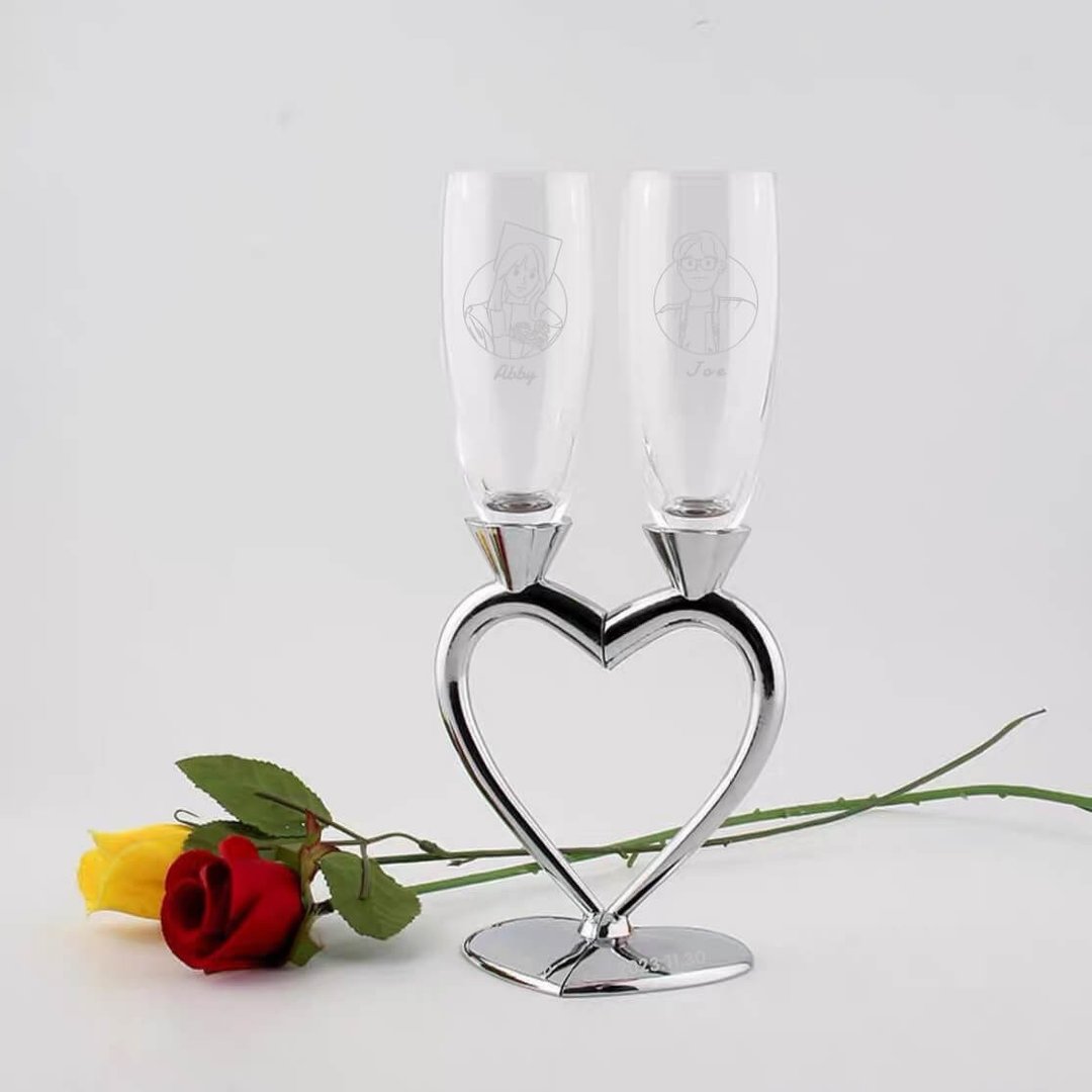 【Metal Base Wine Glasses】订制雕刻香槟对杯 定制化爱心香槟杯 - 酒杯/酒器 - 玻璃 
