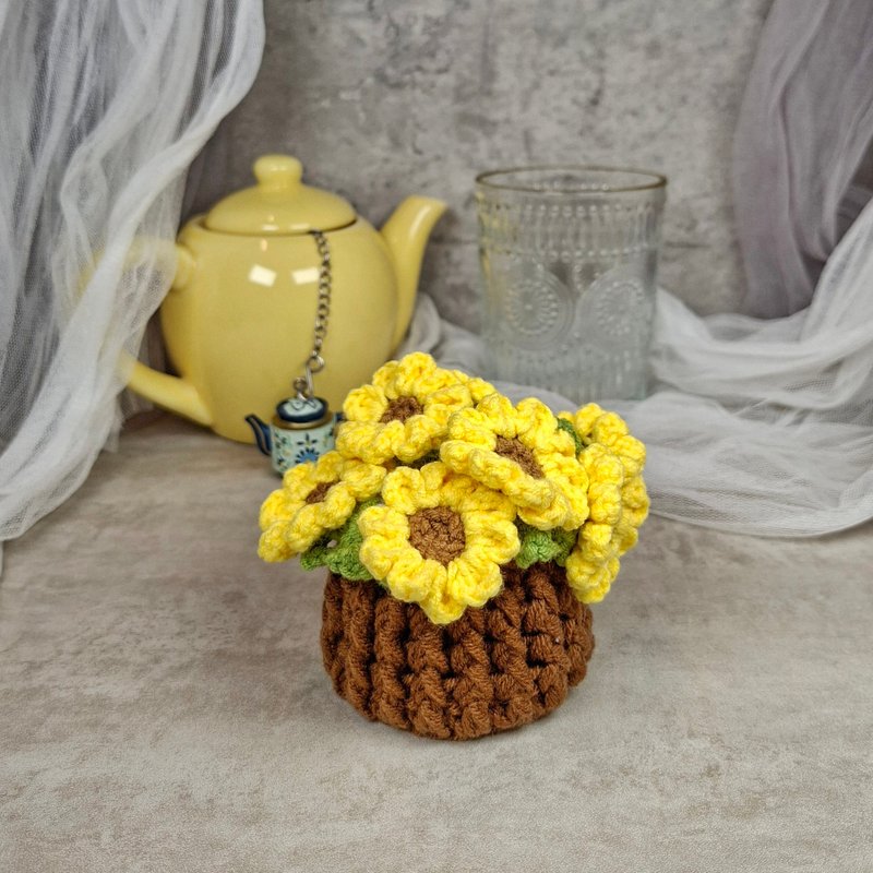 向日葵盆花杯垫 钩织杯垫 情人节礼物 母亲节 生日礼物 - 杯垫 - 棉．麻 橘色