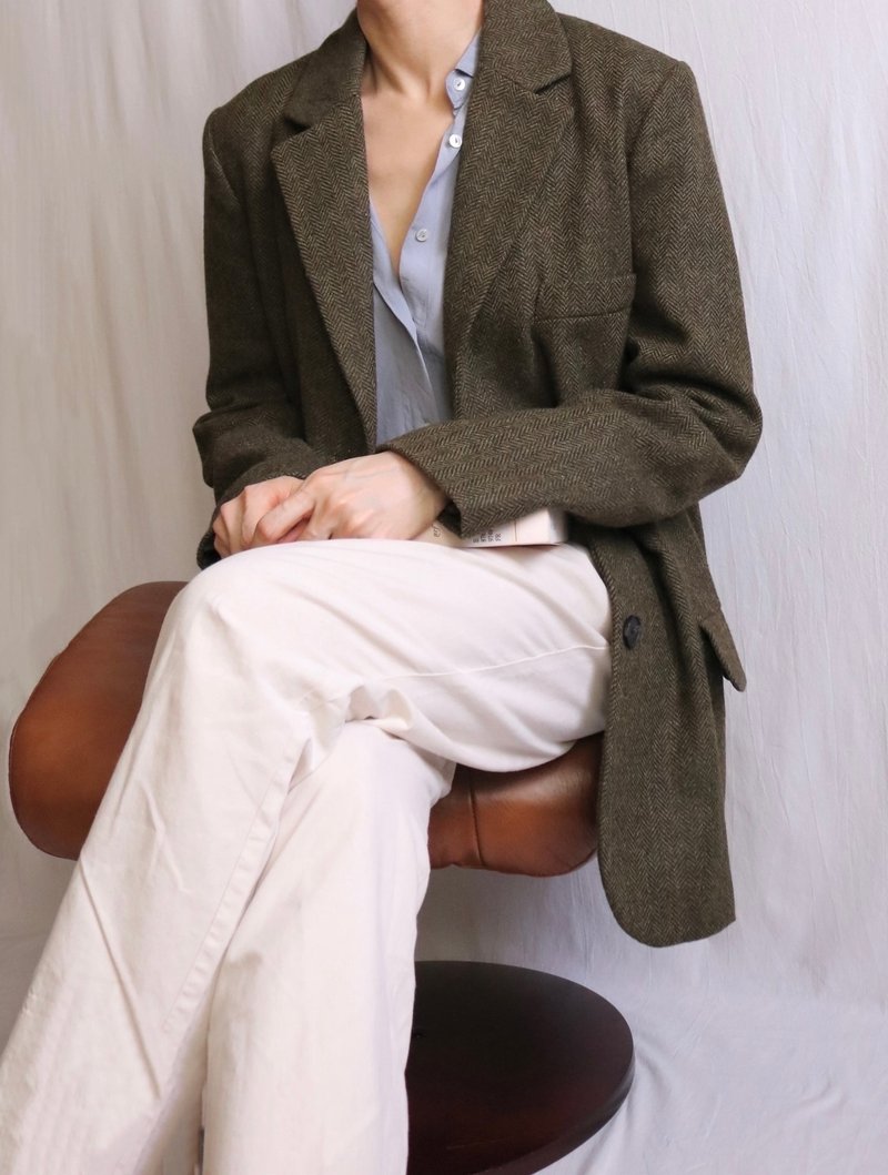 花绿色鱼骨纹宽肩西装外套 复古英伦风・里斯羊毛 - 女装西装外套/风衣 - 羊毛 