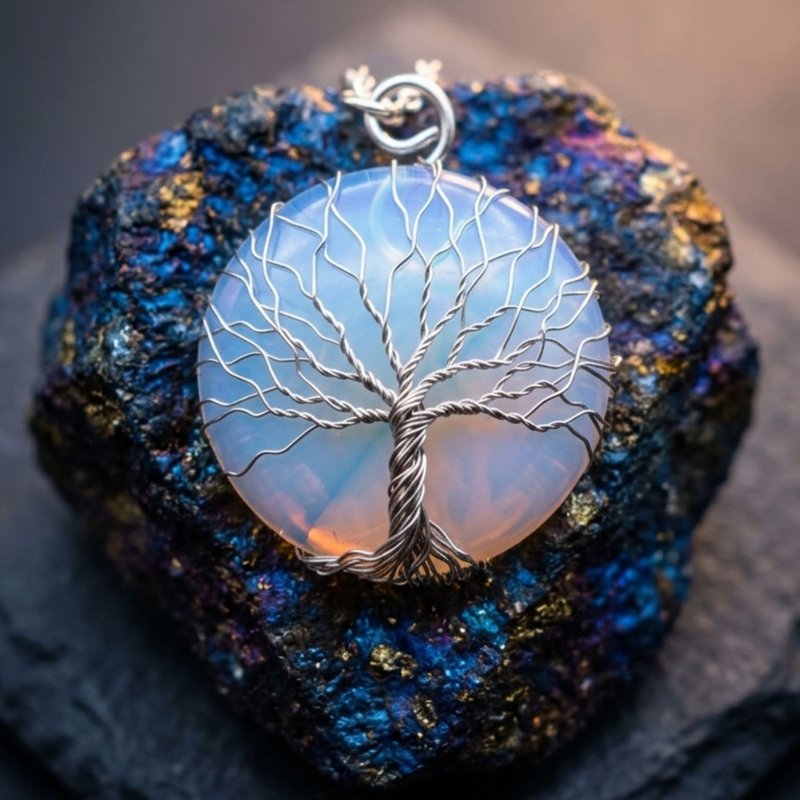 欧泊石钢制生命之树项链，11 周年纪念礼物，四月诞生石 - 项链 - 不锈钢 蓝色