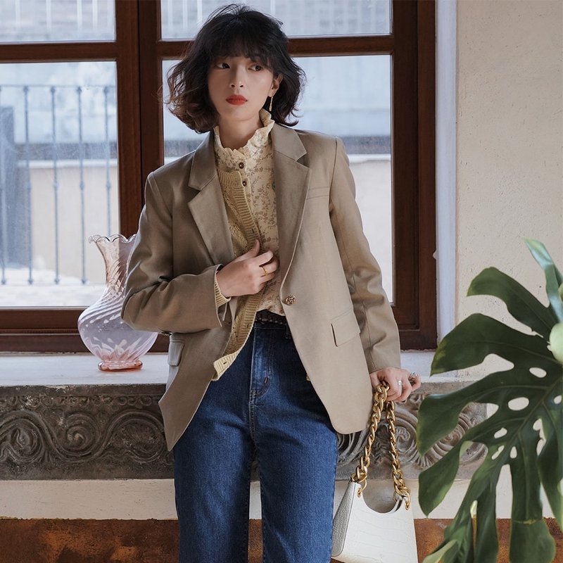 卡其色休闲西装|外套|春款|羊毛混纺|Sora-683 - 女装西装外套/风衣 - 其他人造纤维 卡其色