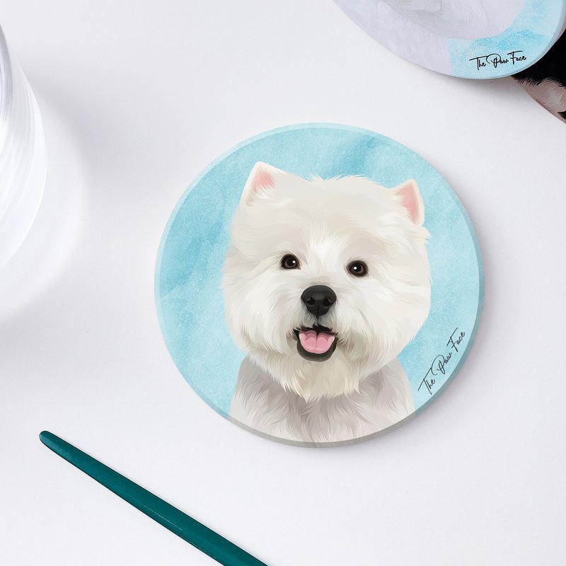白威犬 白爹利 狗狗-圆型陶瓷吸水杯垫/动物/居家用品 - 杯垫 - 陶 