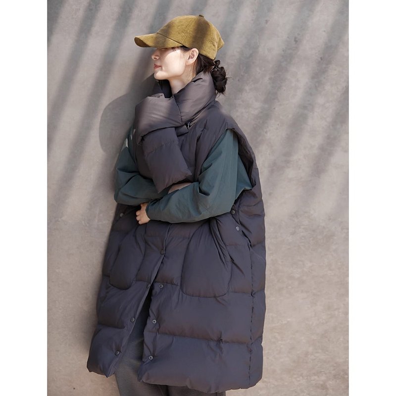 灰咖色大朵白鹅绒开襟无袖轻盈羽绒马甲 - 其他 - 棉．麻 