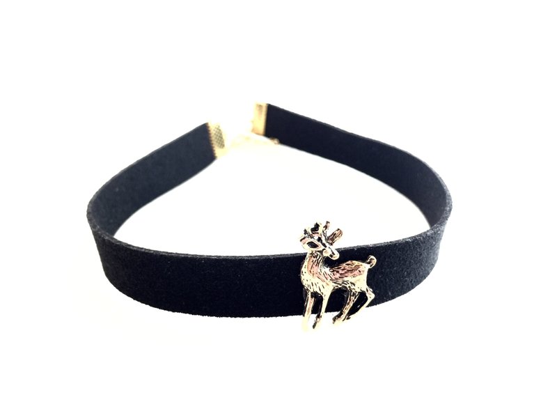 “古铜麋鹿颈链” - 项链 - 真皮 黑色