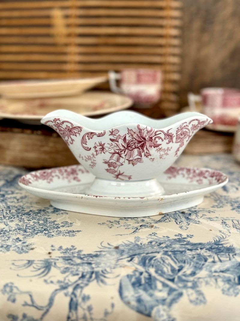 40645-浪漫法国古董Saint Amand et Hamage 粉红花饰酱汁船 - 盘子/餐盘/盘架 - 瓷 
