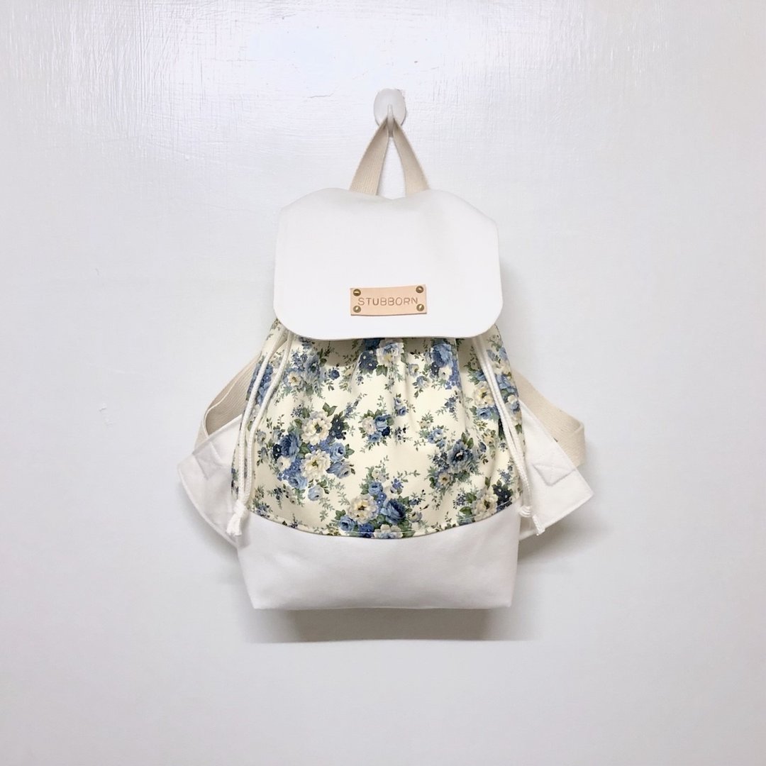 当蓝花儿遇上白后背包/赠送免费打印名字皮标 - 后背包/双肩包 - 棉 蓝色