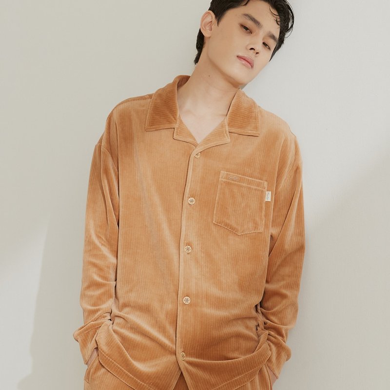 灯芯绒宽版长袖衬衫居家套装-焦糖橘/居家服 - 居家服/睡衣 - 棉．麻 咖啡色