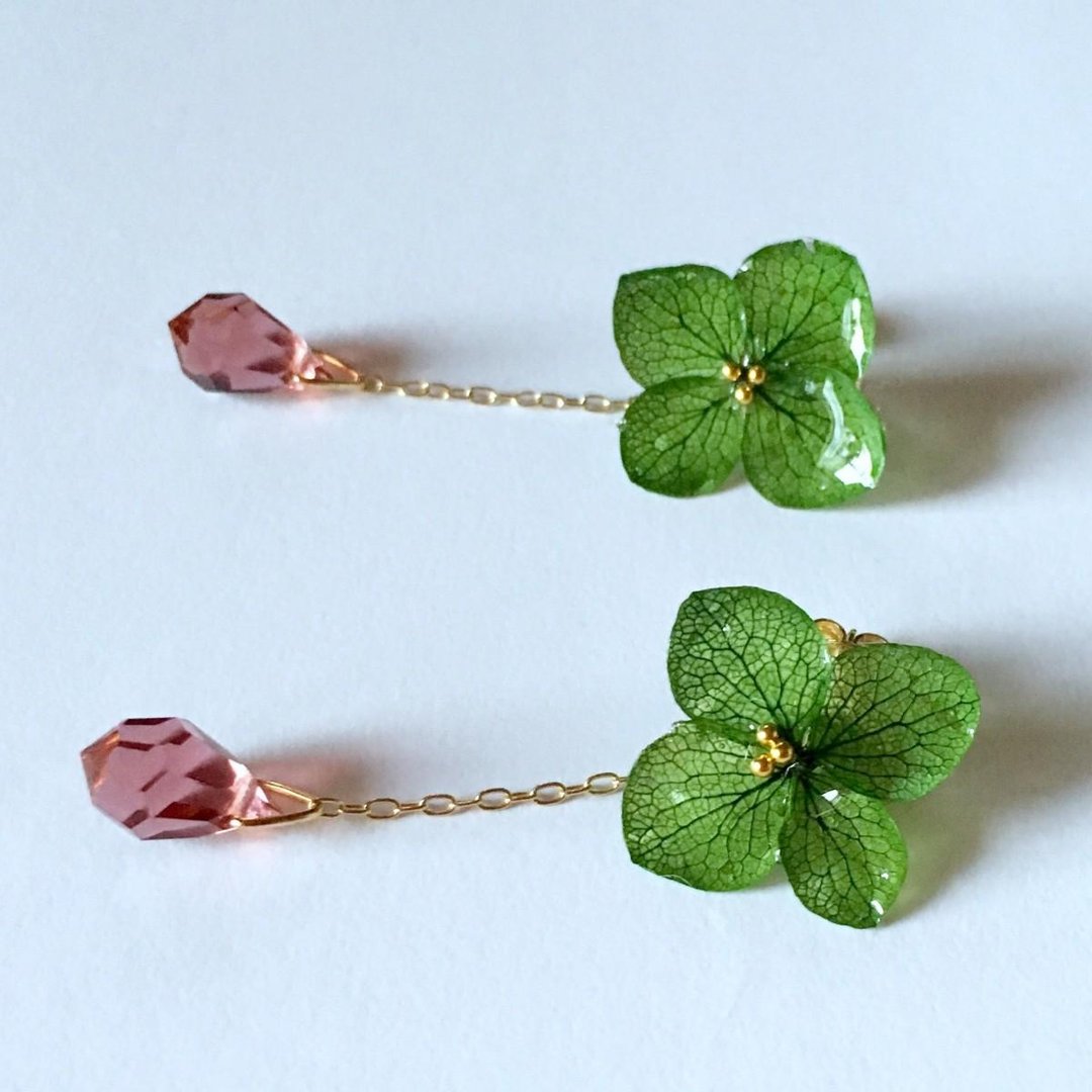 Ajisai One-ring Earrings Long / Green - 耳环/耳夹 - 植物．花 绿色