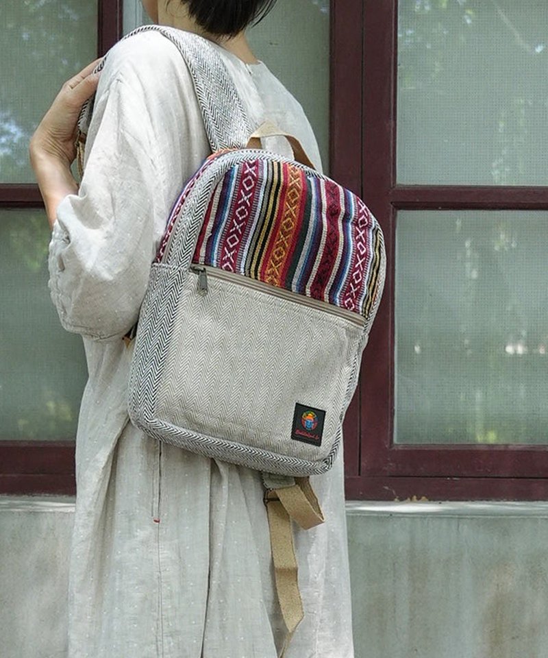 100%有机棉几何织布轻便后背包_公平贸易 - 后背包/双肩包 - 棉．麻 卡其色