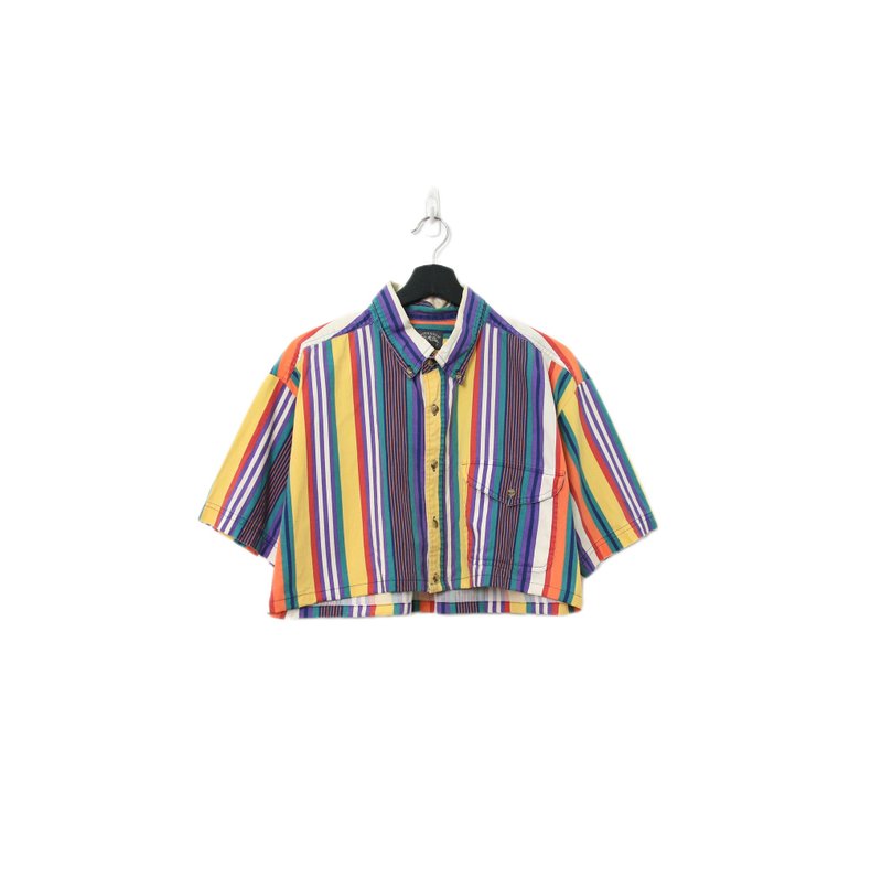 Back to Green-再制条纹短板衬衫 缤纷线条 ds-11//vintage shirt - 女装衬衫 - 棉 