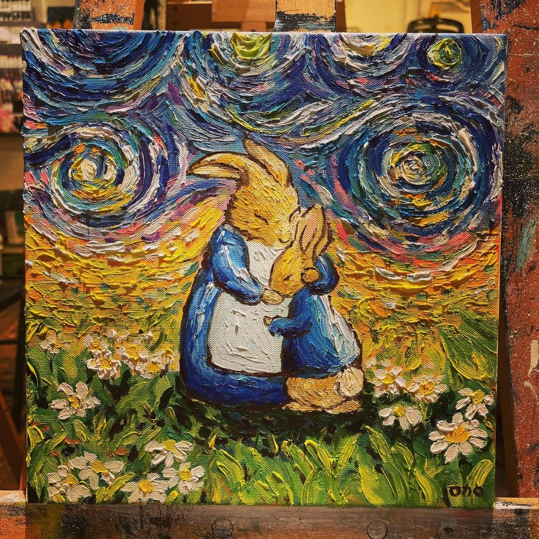 王咖咖 油画-梵谷很忙之兔兔宝贝 30x30cm - 海报/装饰画/版画 - 颜料 蓝色