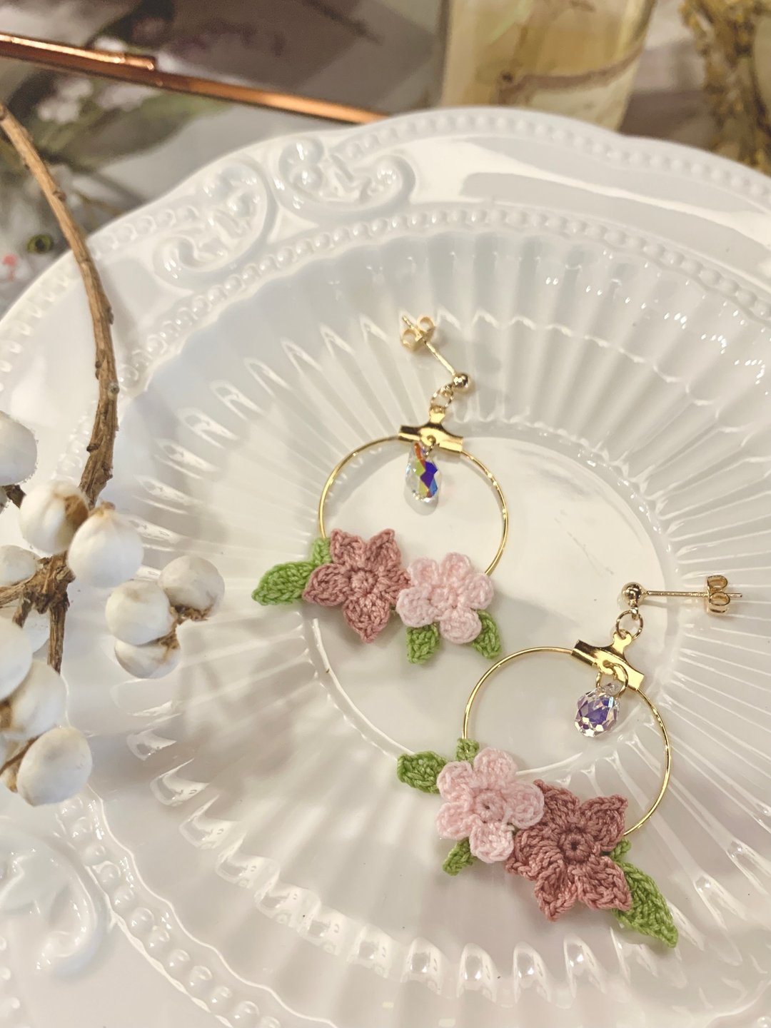 Swarovski 水晶 施华洛世奇 钩花编织 耳环 耳针 耳夹 可定制 - 耳环/耳夹 - 棉 粉红色