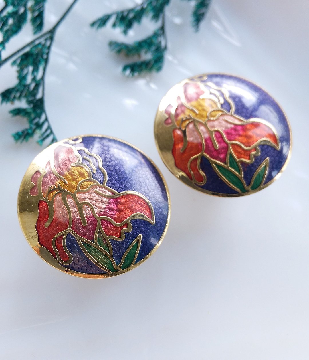 Vintage Jewelry  景泰蓝 紫色底 彩花卉 夹式耳环 - 耳环/耳夹 - 其他材质 金色