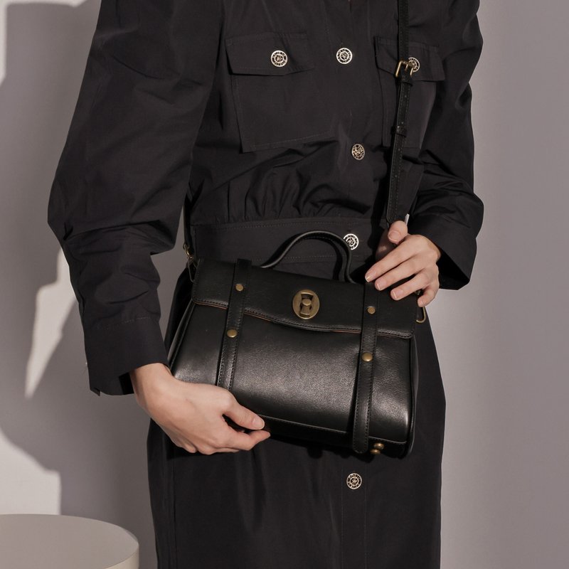 铜扣-复古医生包 - 手提包/手提袋 - 真皮 黑色