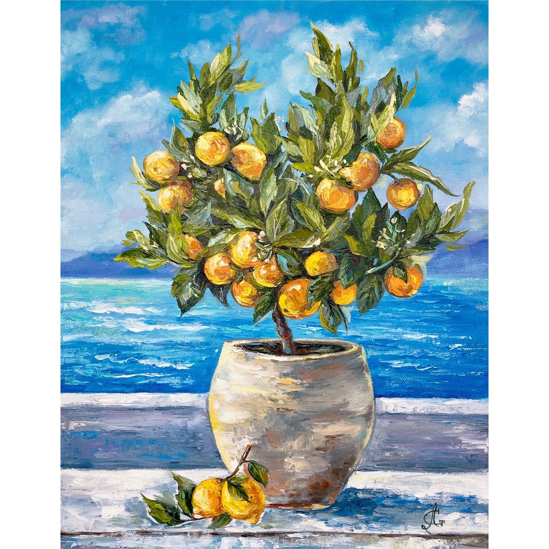 Lemon tree painting Fruits oil original artwork Lemon art on canvas Seascape art - 海报/装饰画/版画 - 其他材质 多色