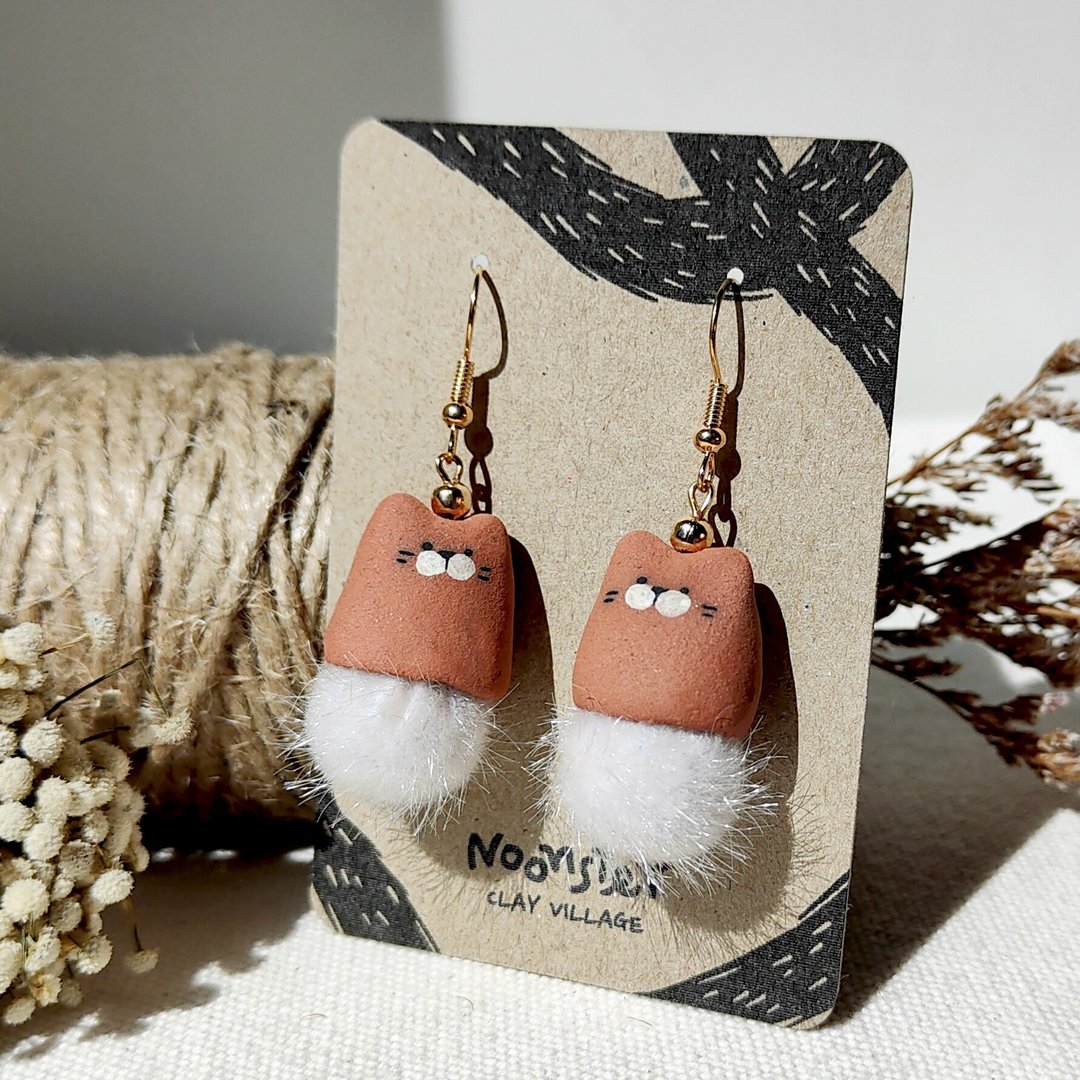 【Gift Box】Terra Kitten, Handmade pottery Earrings - 耳环/耳夹 - 陶 