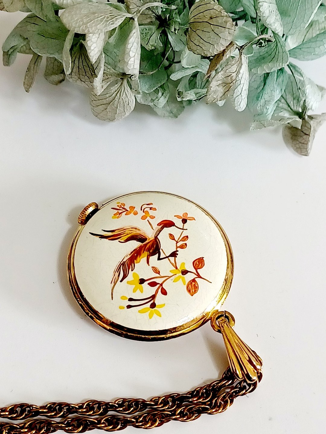 vintage jewelry PACINE 白珐琅花鸟机械表  项链 - 项链 - 其他金属 