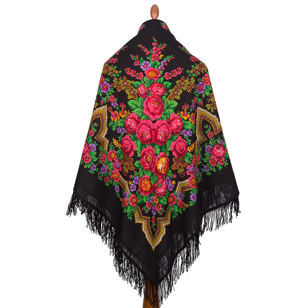 Pavlovo Posad Russian Shawl 100% Wool Scarf Woolen Tassels 146x146 cm 325-18 - 丝巾 - 羊毛 黑色