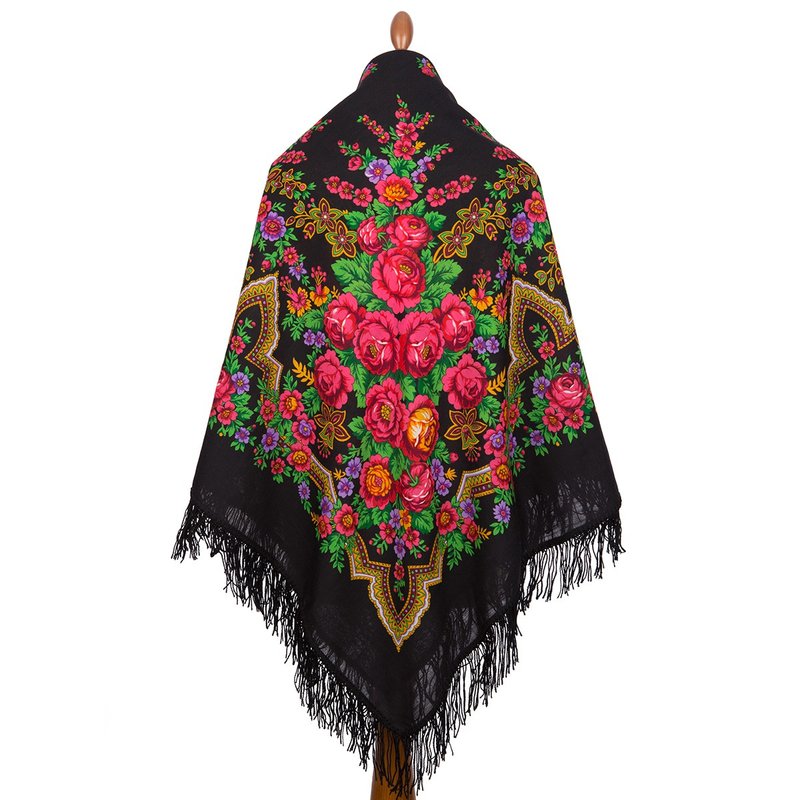 Pavlovo Posad Russian Shawl 100% Wool Scarf Woolen Tassels 146x146 cm 325-18 - 丝巾 - 羊毛 黑色