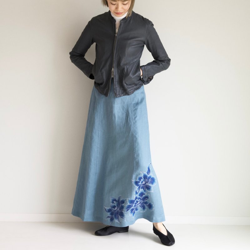 Hand-painted] Peony / Adjustable waist / Gathered back skirt - 裙子 - 棉 蓝色