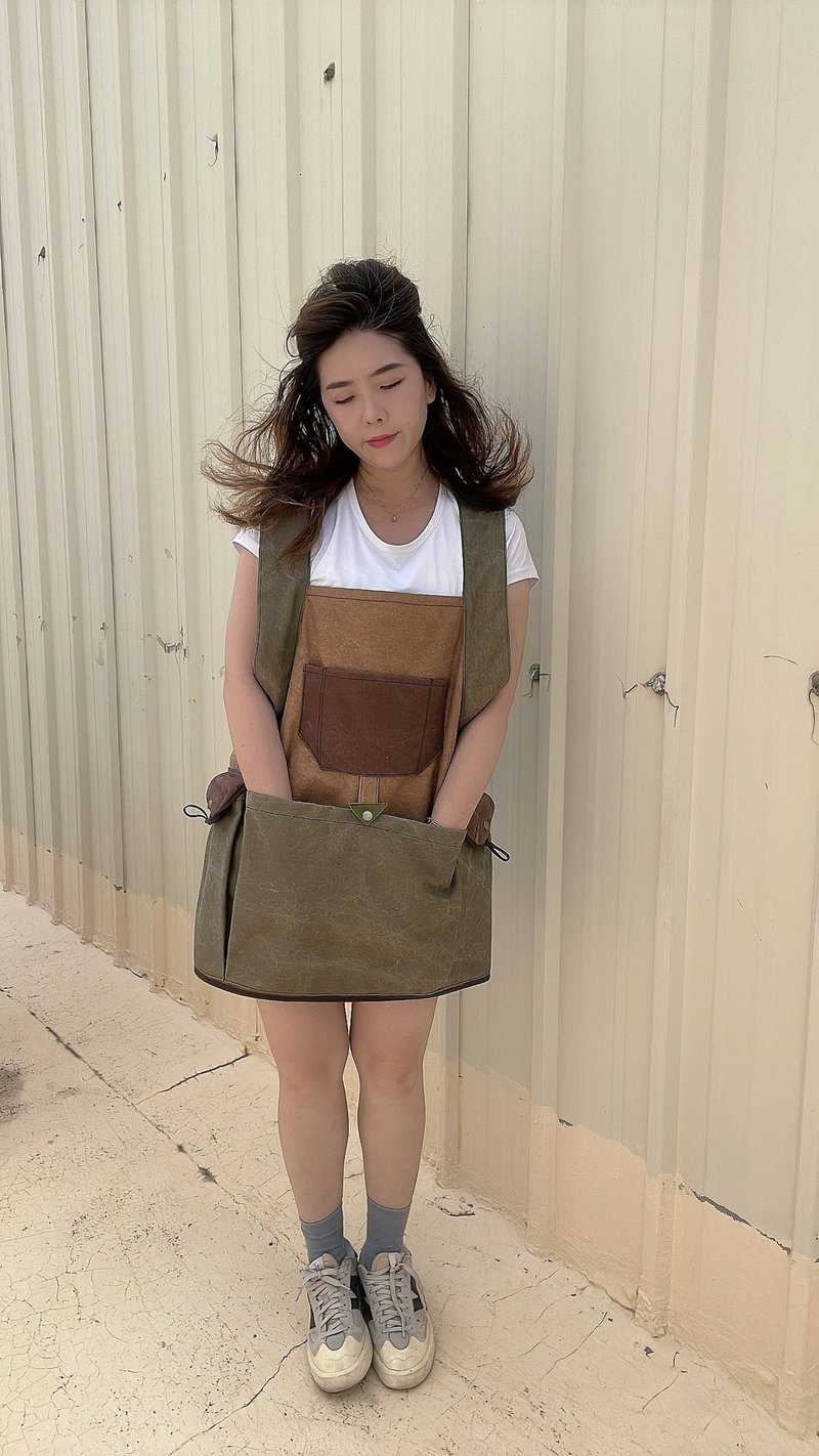 手工制作工装造型大口袋拼接围裙 - 围裙 - 棉．麻 