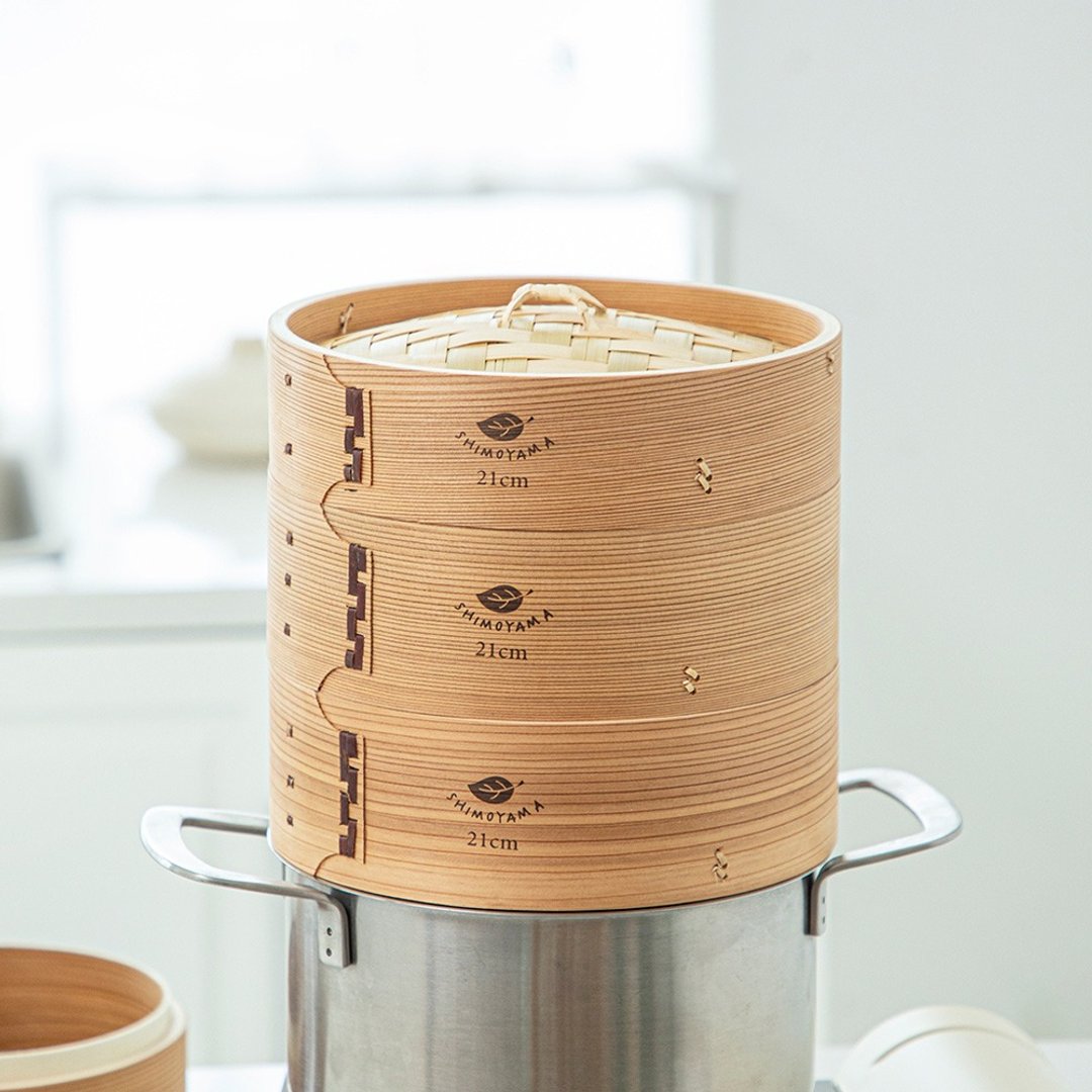 日本霜山 圆形竹制蒸笼组(2笼1盖)-21cm - 厨房用具 - 竹 黄色