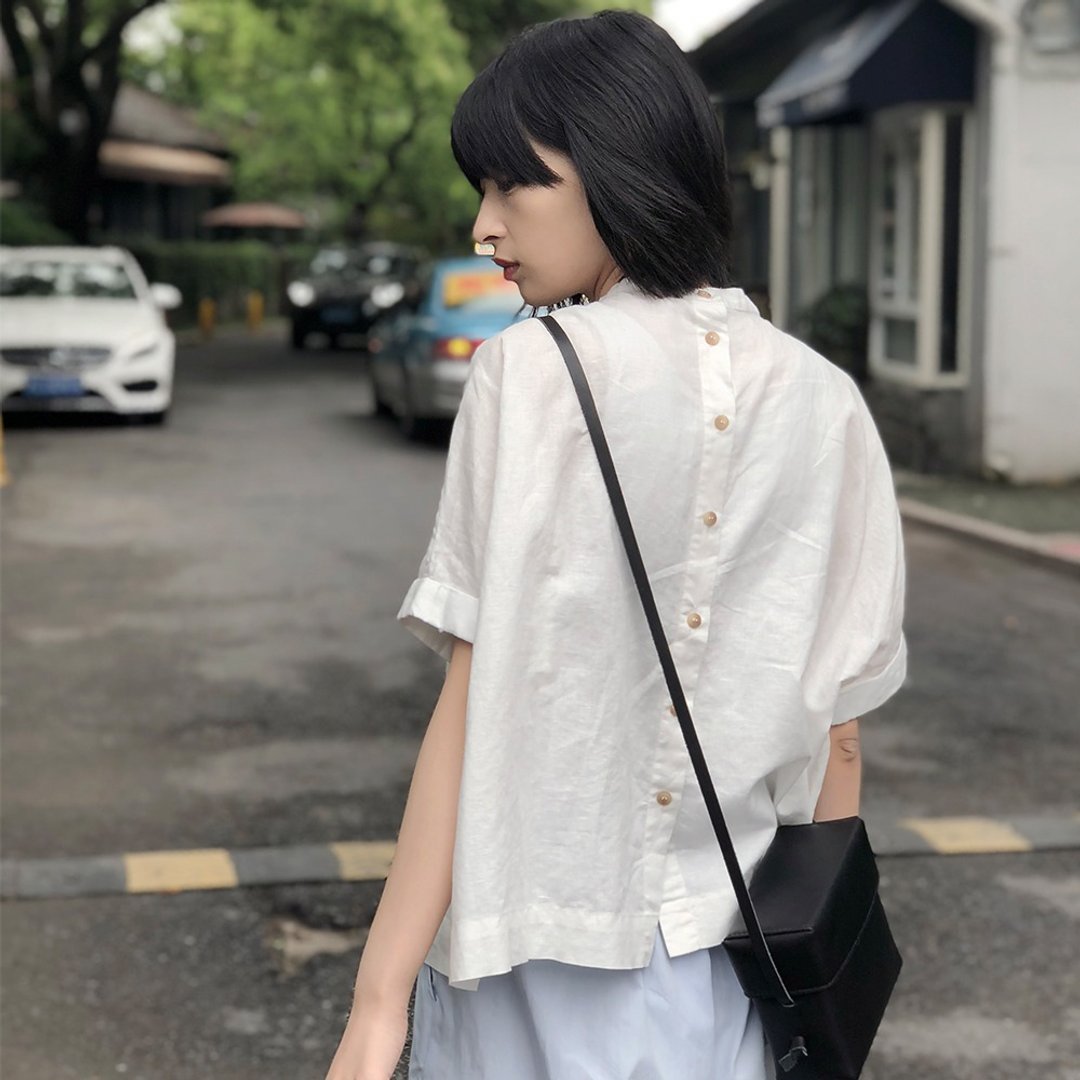 日系亚麻短袖衬衣|衬衣|亚麻棉|独立品牌|Sora-136 - 女装衬衫 - 棉 白色