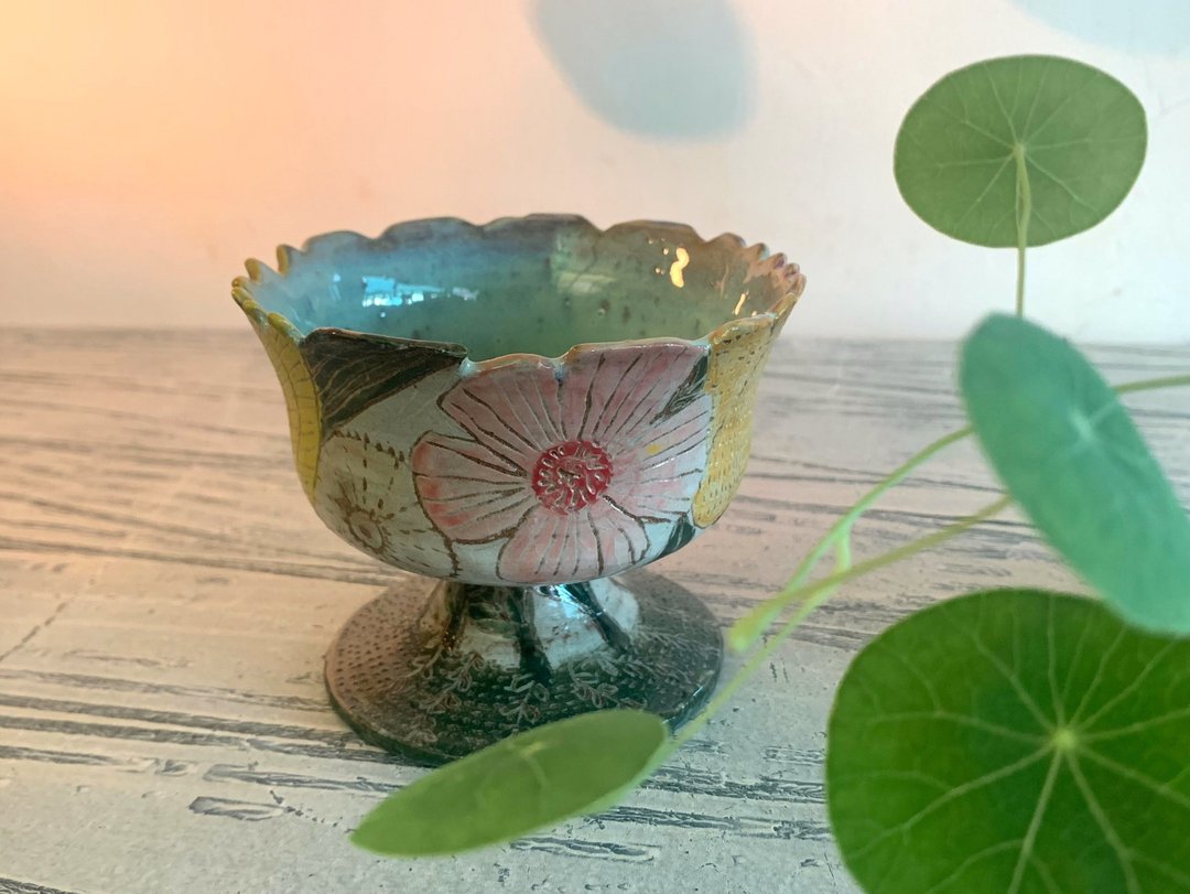 盛夏花语刻花冰淇淋高脚杯冰品碗_陶瓷餐碗 - 碗 - 陶 绿色