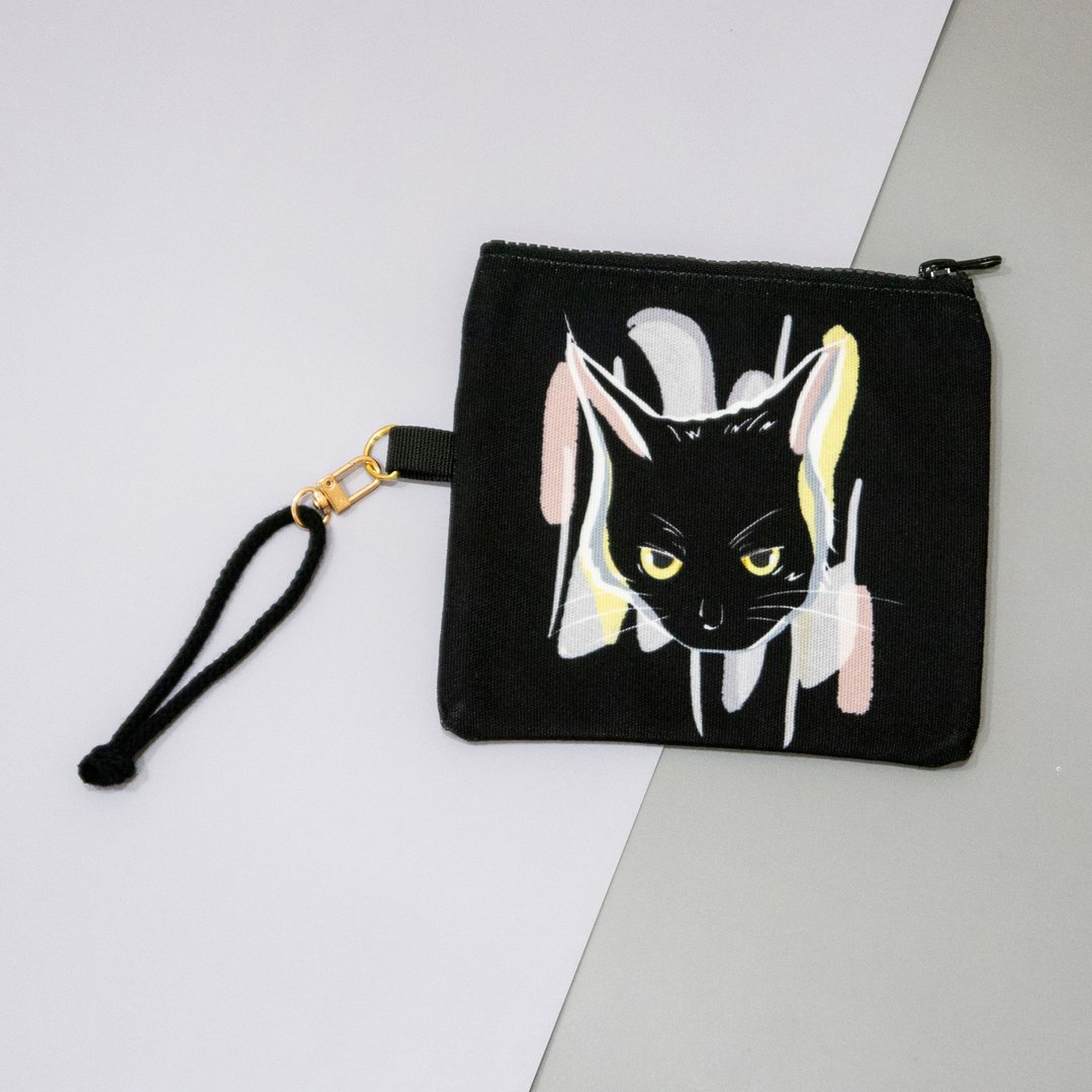 猫咪插画帆布小袋黑色-黑猫 - 化妆包/杂物包 - 聚酯纤维 黑色