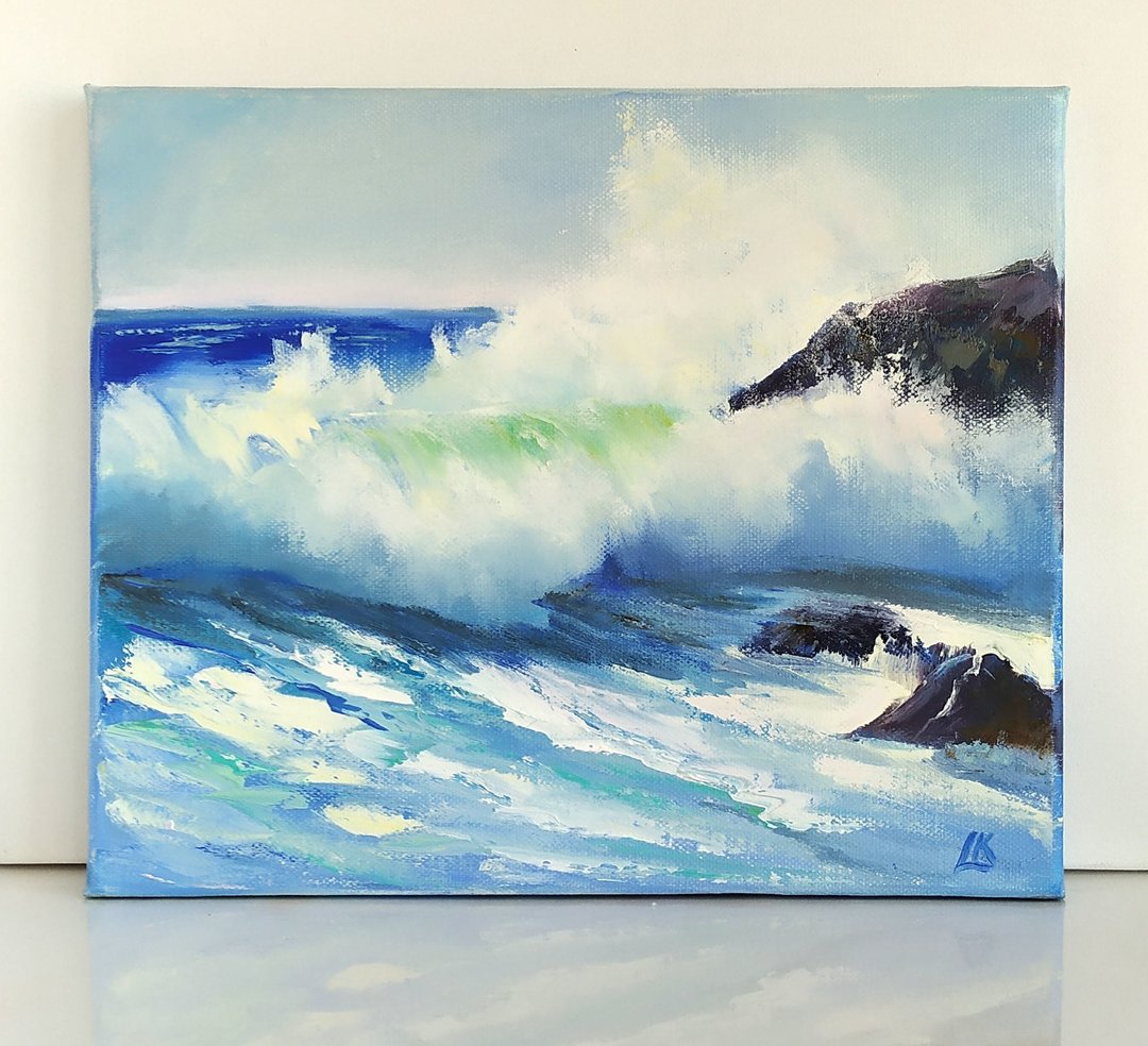 大波浪画海蓝色波浪艺术石岸墙艺术岩石海岸画 - 海报/装饰画/版画 - 棉 
