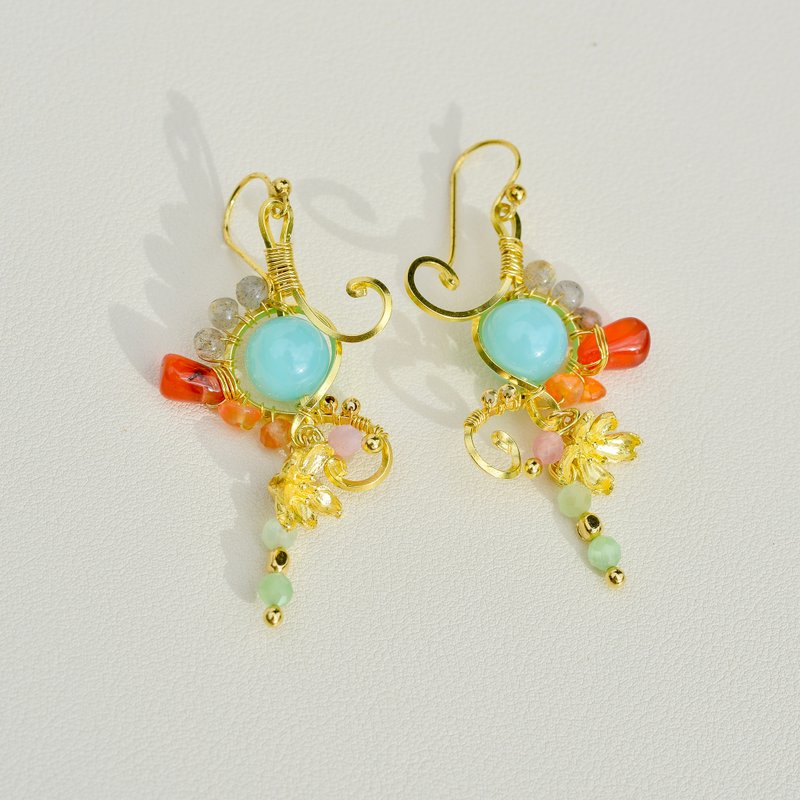 独特手工黄铜线耳环  配天然石饰 1 - 耳环/耳夹 - 铜/黄铜 金色