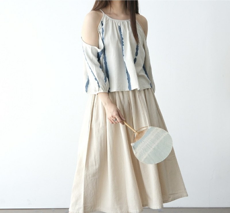 【棉麻手工蓝染】露肩长袖宽松上衣 3色 - 女装上衣 - 棉．麻 白色