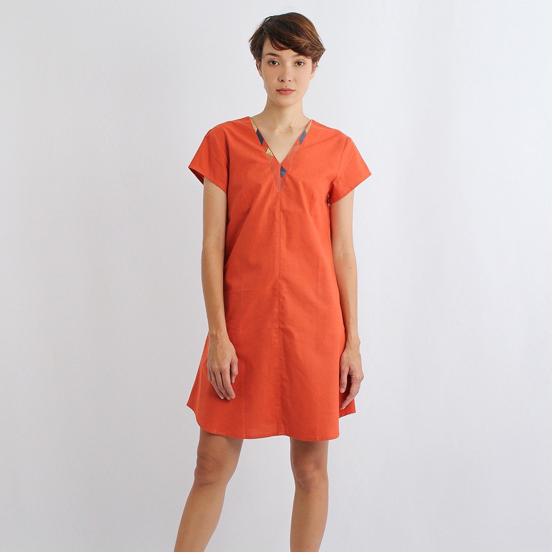 Cotton linen Dress, Tribal style hand embroidery/ Orange - 洋装/连衣裙 - 棉 橘色