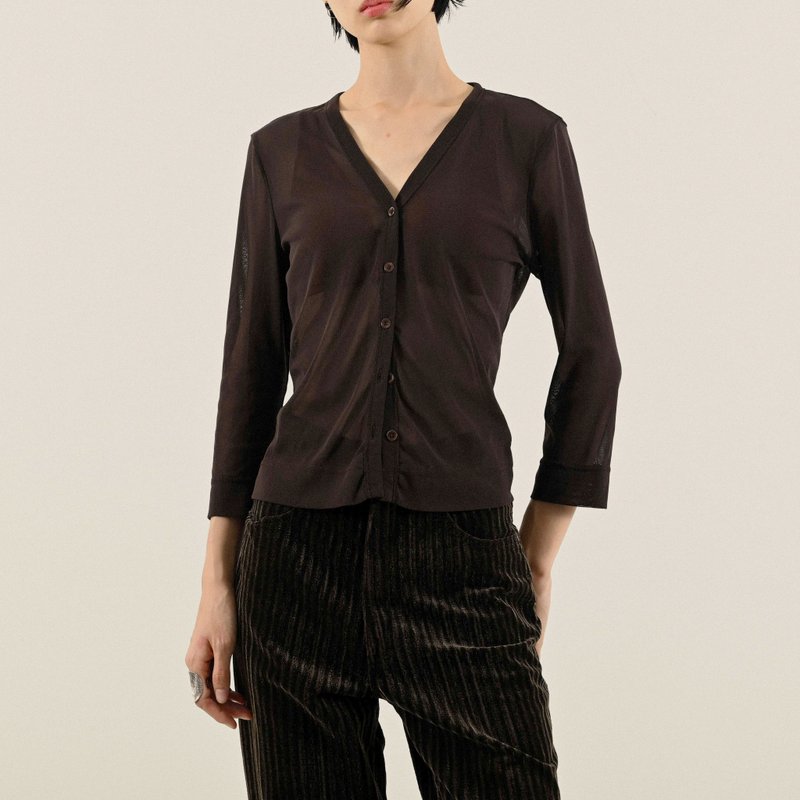 【NaSuBi Vintage】轻薄纱质V领古着上衣 - 女装衬衫 - 其他人造纤维 咖啡色