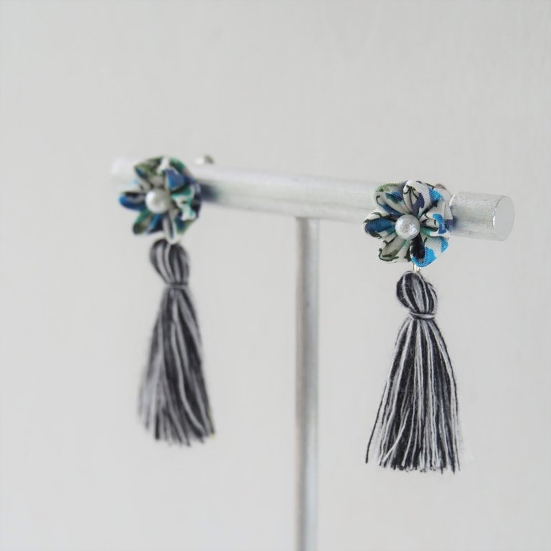 【法式优雅】碎花黑白流苏定制耳环耳夹 14kgf 925 - 耳环/耳夹 - 棉．麻 多色