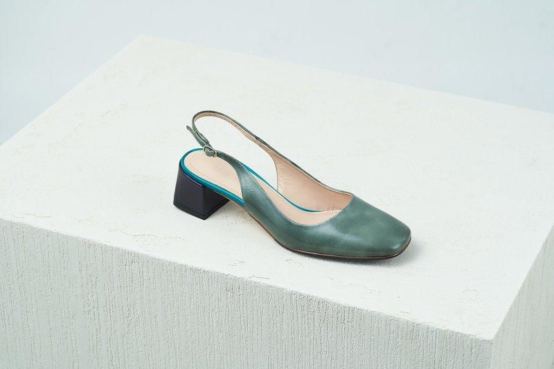 HTHREE 4.6方头后踝带跟鞋/ 绿灰 / Square Toe Back Strap Heels - 其他女款皮鞋 - 真皮 绿色