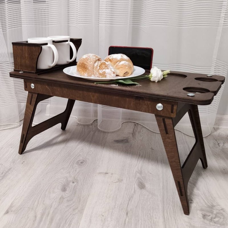 Bed Table, Wooden Bed Folding Table, Serving Wood Tray for Breakfast - 托盘/砧板 - 木头 咖啡色