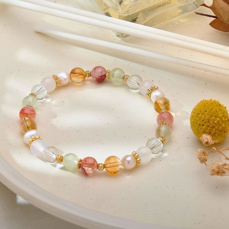 【嫣红】 红胶花 葡萄石 黄塔晶 白水晶 珍珠x开运招财 招桃花多 - 手链/手环 - 水晶 多色