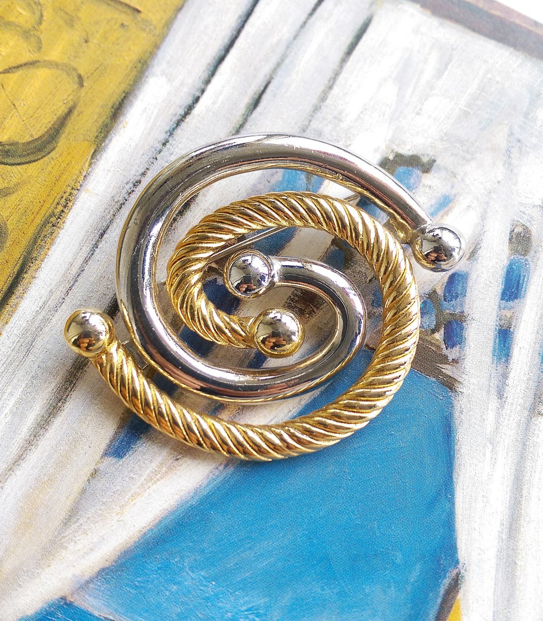 Vintage Jewelry 金银色调 个性厚实 漩涡 别针 胸针 - 徽章/别针 - 其他材质 金色