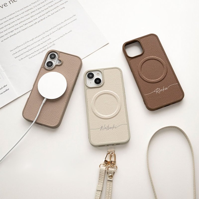 MagSafe 支持 iPhone 雾感色系手机壳 附磁吸功能 【 Simple 订制名字 】 手机挂绳 附吊饰孔 JE17U - 手机壳/手机套 - 真皮 咖啡色