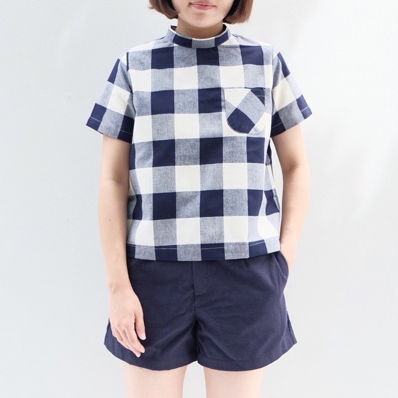Turtleneck Top : Blue Checker - 女装上衣 - 棉．麻 蓝色