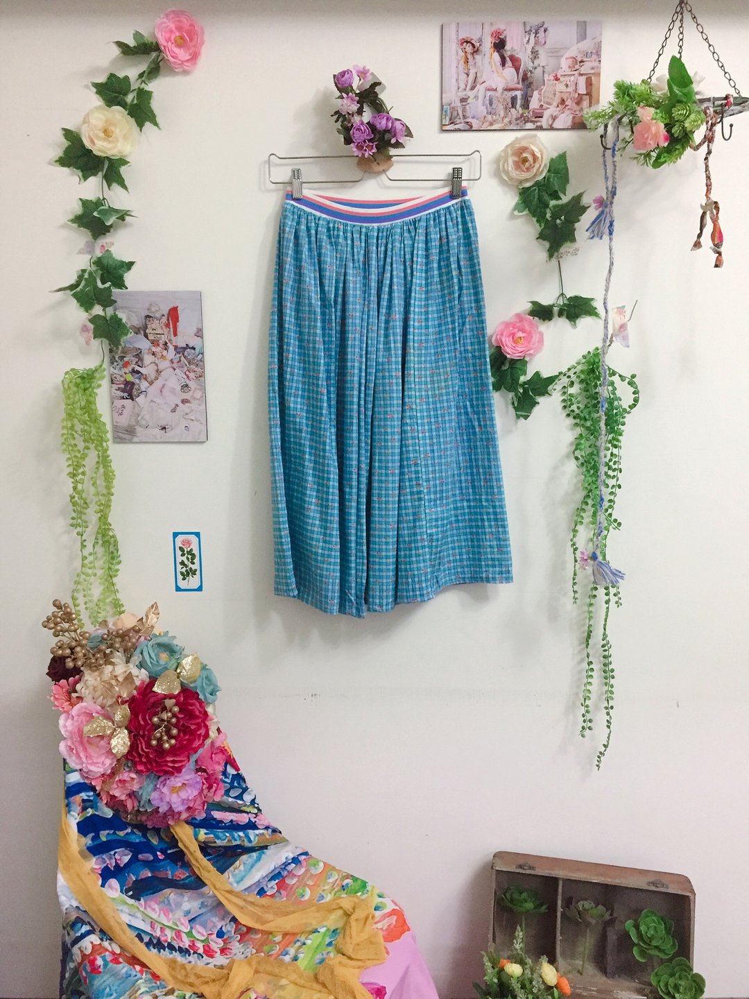 半身裙-蓝格子小花朵 - 裙子 - 棉．麻 蓝色