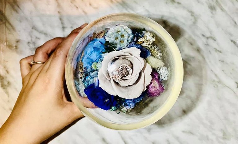 莫兰迪永生玫瑰玻璃盅 - 干燥花/捧花 - 玻璃 灰色