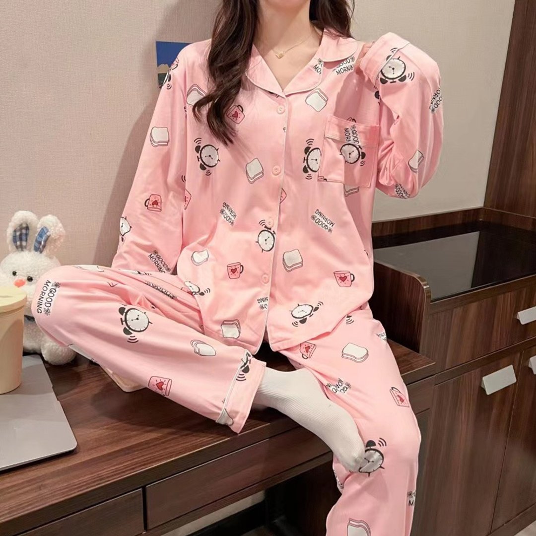Pink Lady舒适成套睡衣 早餐派对 排扣翻领印花休闲长袖居家服 - 居家服/睡衣 - 其他人造纤维 粉红色