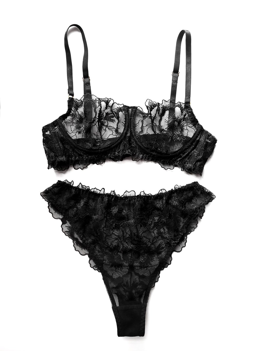 Floral lace lingerie set - Balconette bra, panty, garter belt - Lace underwear - 女士内衣裤 - 聚酯纤维 黑色