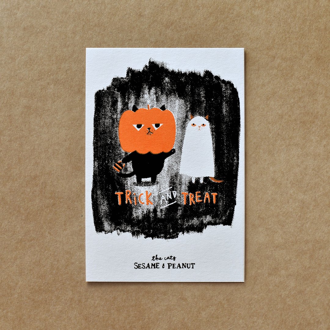 Trick and Treat 万圣节 妖怪猫 手工网印 绢印卡片 - 卡片/明信片 - 纸 多色
