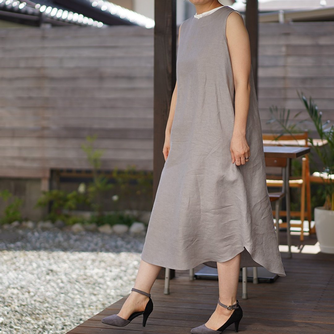 wafu - 純亞麻洋裝 Midweight Linen Sleeveless Dress / Ash Pearl a069c-asp2 - 洋装/连衣裙 - 亚麻 卡其色