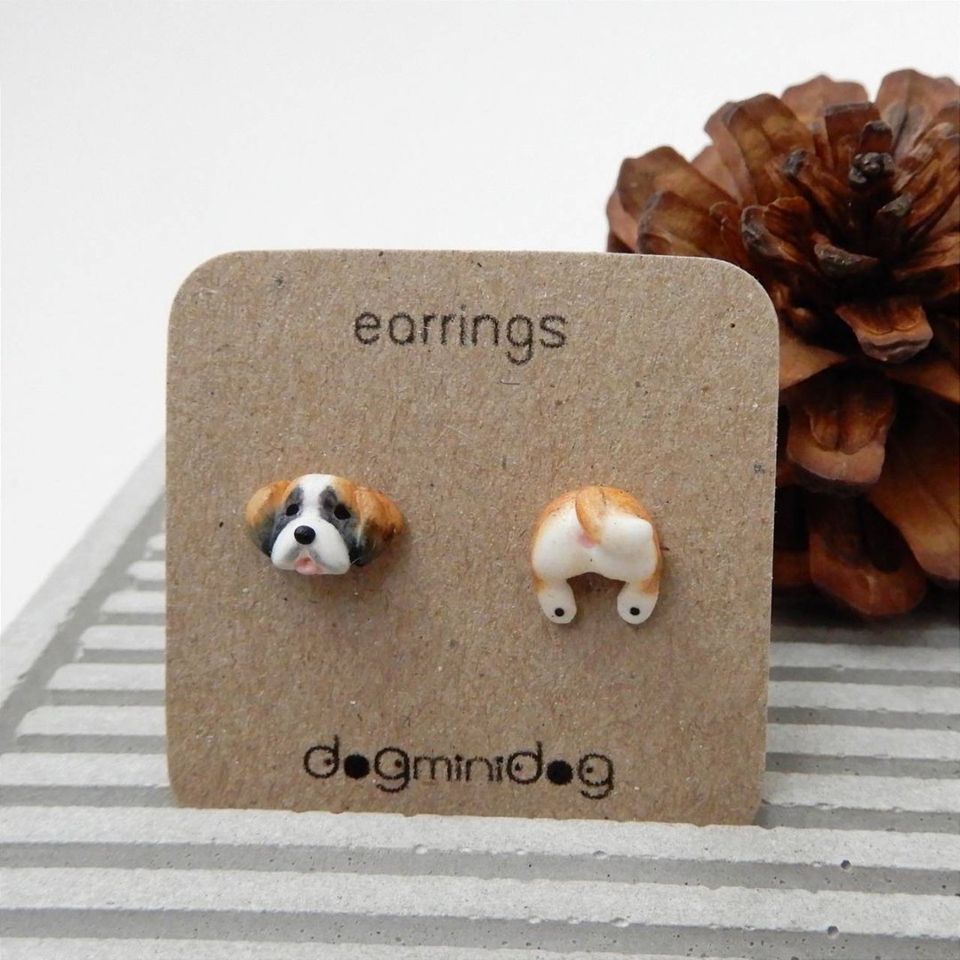 圣伯纳犬造型耳环，附牛皮纸盒 (手工制作)。 - 耳环/耳夹 - 其他材质 